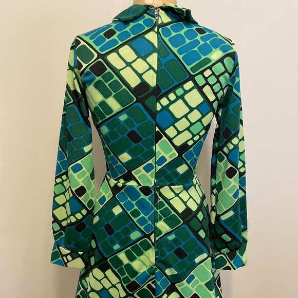 Vintage 60s 70s Fit Flare Mod Dagger Collar Psychedelic Mod Gogo Mini Dress - Picture 3 of 15